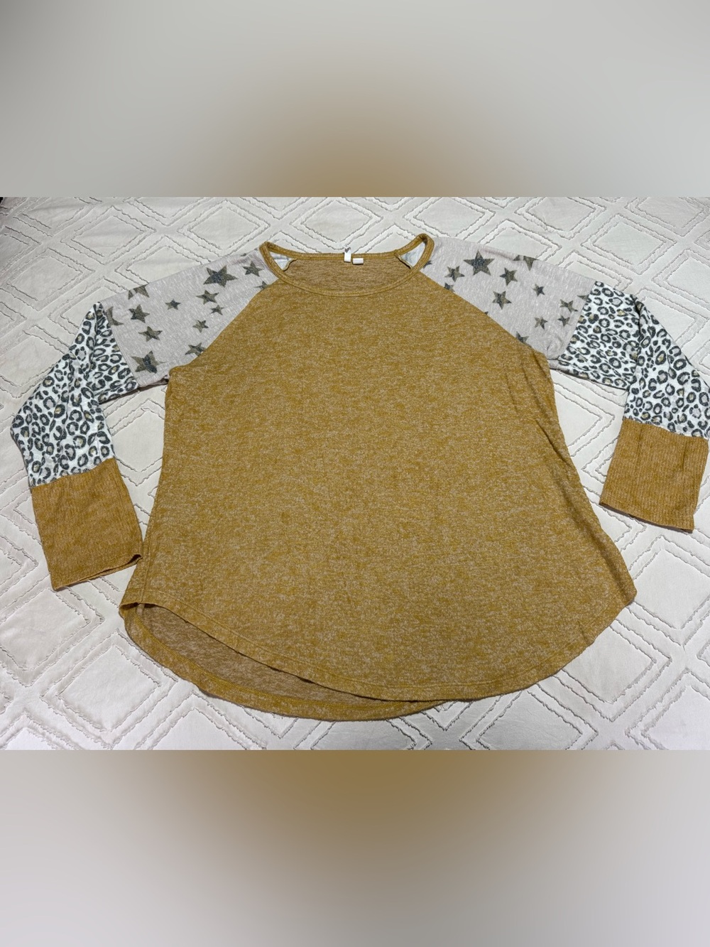 Cato Mustard Raglan Top with Star & Leopard Sleeve Panels